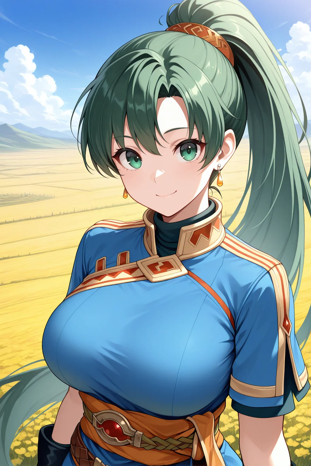 masterpiece, best quality, 1girl, solo, <lora:felyn-illu-nvwls-v1-000006:1> baseLd, green hair, high ponytail, very long hair, green eyes, large breasts, earrings, blue dress, short sleeves, orange sash, black gloves, fingerless gloves, brown belt, upper body, field, plains, blue sky, looking at viewer, smile, portrait, clouds, hdr