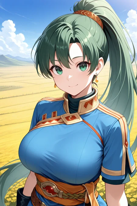 masterpiece, best quality, 1girl, solo,  <lora:felyn-illu-nvwls-v1-000006:1> baseLd, green hair, high ponytail, very long hair, green eyes, large breasts, earrings, blue dress, short sleeves, orange sash, black gloves, fingerless gloves, brown belt, upper body, field, plains, blue sky, looking at viewer, smile, portrait, clouds, hdr