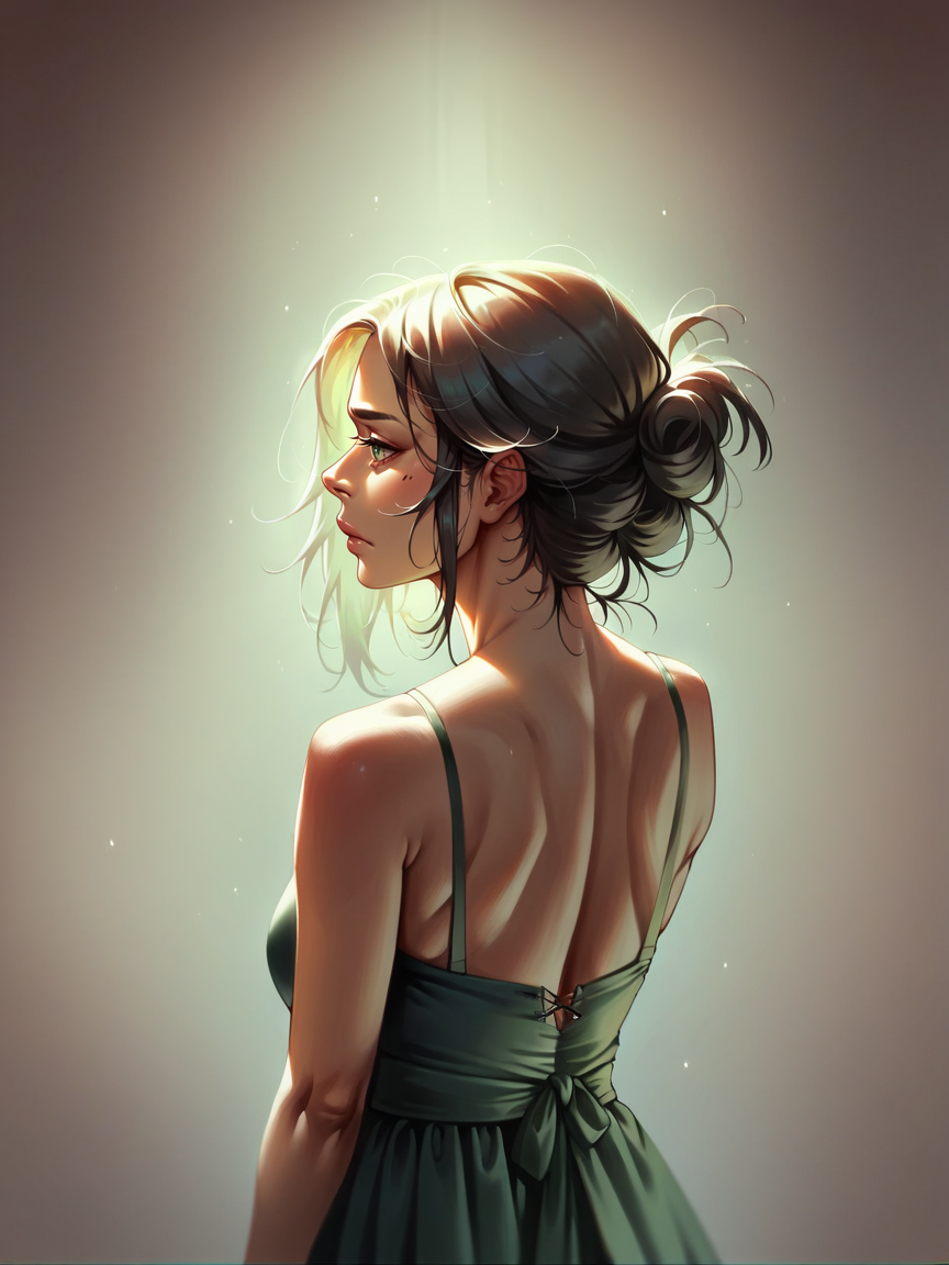 score_9, score_8_up, score_7_up, score_6_up, score_5_up, score_4_up, woman, m00dygr33n, back lit, <lora:m00dygr33nXLP:0.8>
