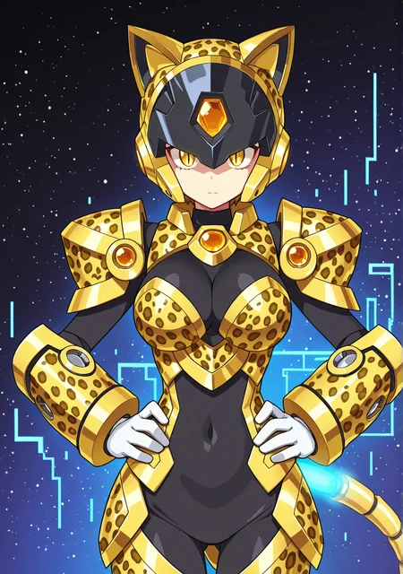 masterpiece,best quality,amazing quality, XOVER, robot armor, black bodysuit, cat ears helmet, wrist armor, shoulder armor, chest armor, waist armor, orange gem, leg armor, robot ears, white gloves, solo, leopard print armor, golden eyes, slit pupils, upper body, straight on, hands on hips, large breasts, robot tail, cyberspace background, hologram, glowing background