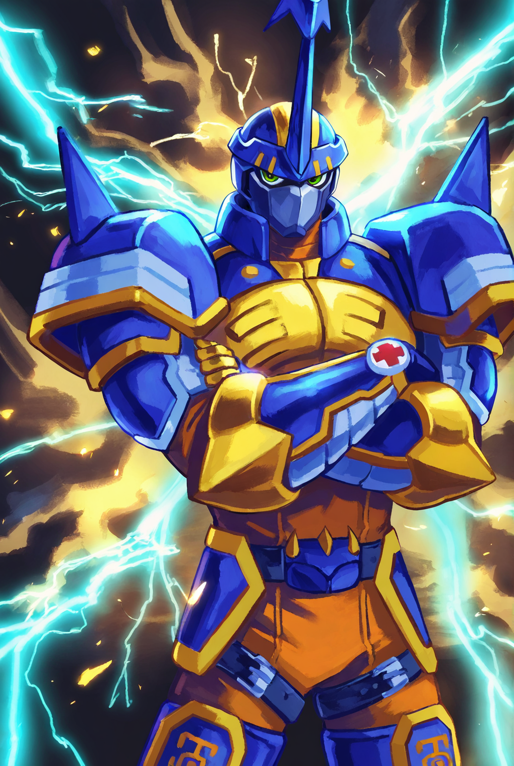 score_9,score_8_up,score_7_up,male focus,ultra-detailed,high resolution,digital painting,8k,1boy,solo,cowboy shot,male focus,detailed face,armor,no humans,green eyes,helmet,single horn,bodysuit,standing,crossed arms,electricity, looking at viewer,<lora:add-detail-xl:1>,<lora:Blitzmon:0.8>,bl1tzmon,<lora:Azalien:0.3>,