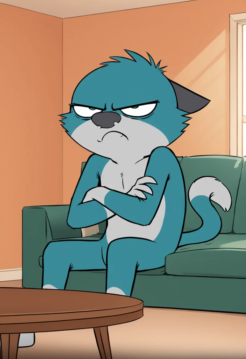 score_9, score_8_up, score_8, <lora:Robert_Hunter_aka_Sheen_Bedfellows_for_PonyXL:0.8> 1boy, sh33n, tail, sitting on couch, living room, window, grumpy. crossed arms, frown,