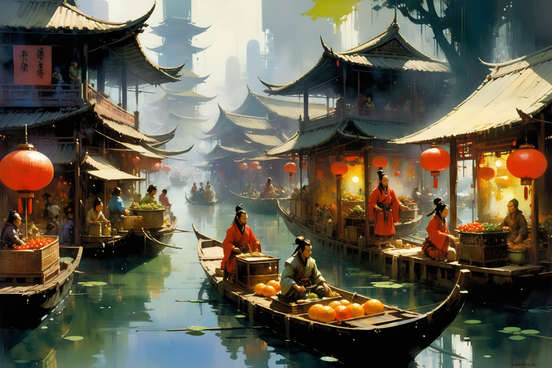 chinese floating market, (fantasy:1.2),  <lora:John Berkey Style:1> John Berkey Style page, <lora:Retro_Illustration:1> 2d game scene, oil and watercolor painting,, (masterpiece:1.2), best quality