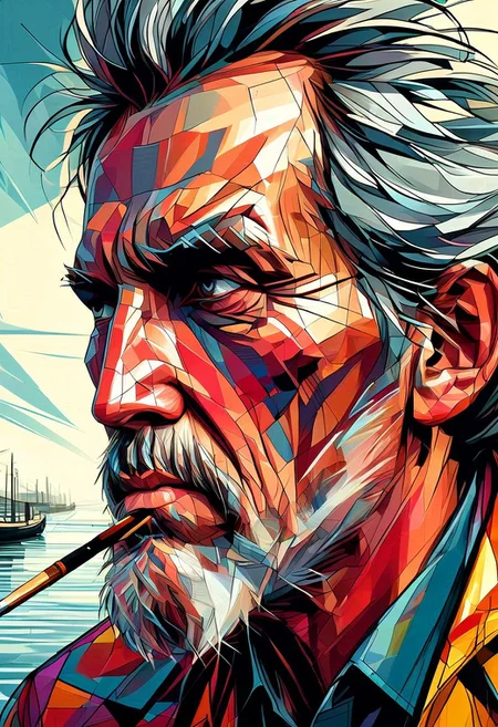 an old fisherman with a weathered face smoking a pipe on the quayside painting, extreme close up, portrait,