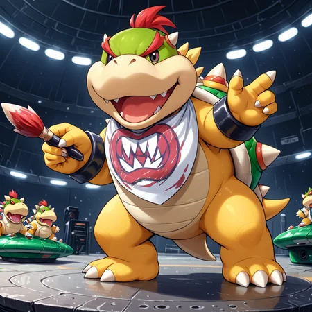 <lora:Bowser_Jr_XL:.7> bwsrjr, open mouth, teeth, standing on green cup ufo spiked, black pupils, bowser jr., holding paintbrush,, (anime, masterpiece, intricate:1.3), (best quality, hires textures, high detail:1.2), (4k),(incredibly detailed:1.4),UHD, 8K, ultra detailedâââ