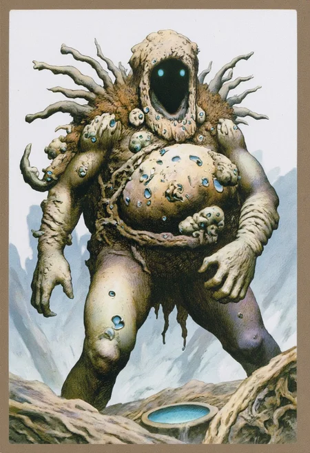 b3rs3rk macro lens d4concept pov, 3D01S, simple background d4artstyle atmospheric and powerful MikeFranchinastyle dark fantasy, natural organic and first person pov of a berserk style creature in the frazetta drawing style and Tsutomu Nihei style
Anthropomorphic mushroom creature, combining traits from various fungi. The creature has a bulbous, rounded body covered in textured, pale skin, with patches of moss and fungal growths sprouting from its surface. Its head resembles a large mushroom cap with a rugged, uneven edge, drooping slightly over its round face. Small, glowing eyes peer out from under the cap, giving it an inquisitive expression. Multiple spore sacs and fungal sprouts protrude from its back and shoulders, some resembling clusters of smaller mushrooms while others are elongated stalks. The creature’s arms are stubby and end in root-like fingers, while its legs are thick and sturdy, with mycelium-like tendrils wrapping around its feet. There are patches of bioluminescent fungi dotting its form, emitting a faint glow. The skin texture is highly detailed, mixing smooth, rubbery surfaces with rough, bark-like areas.
Background solid color with a faded dimly lit, fog-covered darkness tone that emphasizes its silhouette.
UHD letterboxed game trailer frame chromatic aberration dark atmosphere sharp masterpiece with a focus on the character, elden ring, dark atmosphere