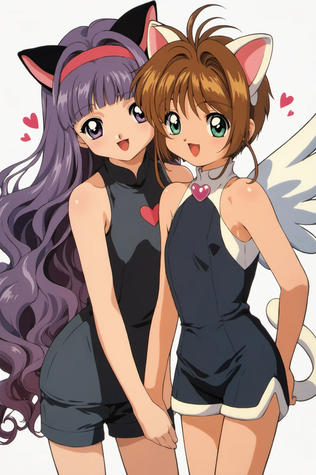 daidouji tomoyo,multiple girls,animal ears,2girls,cat ears,kinomoto sakura,long hair,1990s (style),smile,wavy hair,wings,bangs,green eyes,heart,white background,dress,retro artstyle,short hair,blunt bangs,looking at viewer,open mouth,holding hands,fake animal ears,brown hair,black dress,simple background,shorts,hairband,:d,sleeveless,cowboy shot,antenna hair,purple eyes,purple hair,white wings,bare shoulders,leaning forward,sleeveless dress,black shorts,short dress,standing,score_9,score_8_up,<lora:Card Captor Sakura Anime_XL_PONY:0.9>,