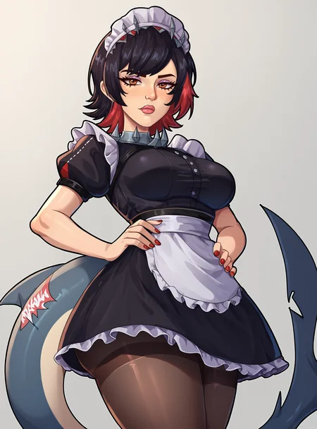 score_9, score_8_up, score_8, score_9, score_8_up, score_7_up,zPDXL2, source_anime,
Rocnerxl,
ellen joe, 1girl, red eyes, tail, black hair, solo, multicolored hair, fins, fish tail, maid headdress, shark tail, red hair, colored inner hair, pantyhose, short hair, looking at viewer, short sleeves, black dress, maid, puffy sleeves, red nails, medium breasts,
<lora:Rocnerxl-000007:1>, <lora:ellen-joe-ponyxl-lora-nochekaiser:0.6>
