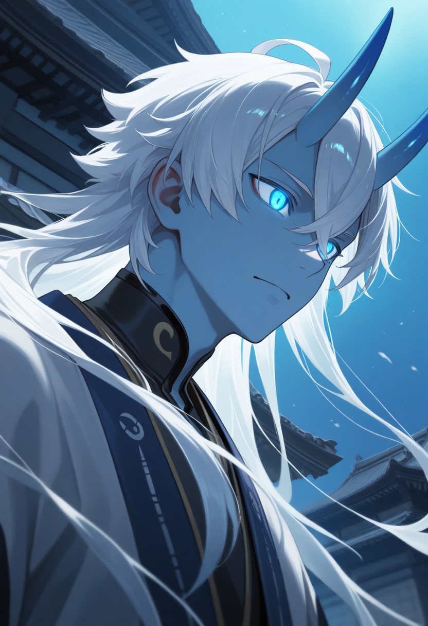 1boy, Hikigaya Hachiman //(Oregairu//) solo, male focus, masterpiece, best quality, black and blue montsuki, japan architecture, white hair, long hair, blue eyes, glowing eyes, oni, blue oni horns, light icy blue skin, smooth anime boy, portrait, fine detail, great composition, dynamic light, atmosphere, vivid colors, detailed, cinematic, strong background, aesthetic, very inspirational, glowing, rich deep color, clear excellent