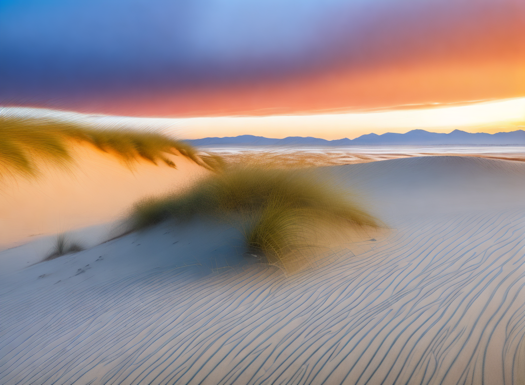 <lyco:sand and sea:1.0> srdg  mirage in a  sandy beach with a few bushes and sand dunes, sunset