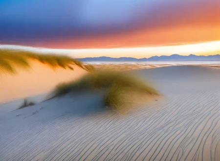 <lyco:sand and sea:1.0> srdg  mirage in a  sandy beach with a few bushes and sand dunes, sunset