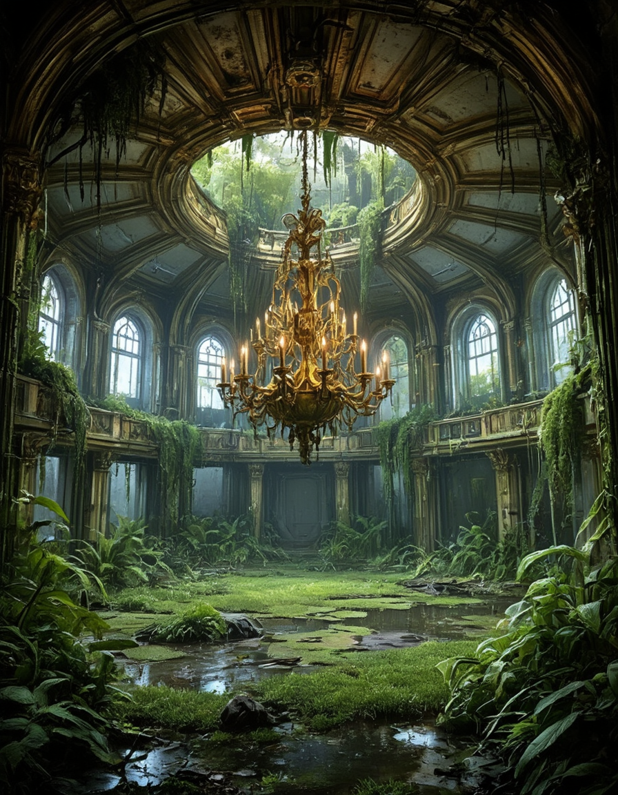 <lora:City_Worlds02_Lost_Operaflux:1> cw02lost, cyberpunk, rich hanging chandelier, baroque, gold, round ceiling, windows, abandoned opera room, vegetation, wet,