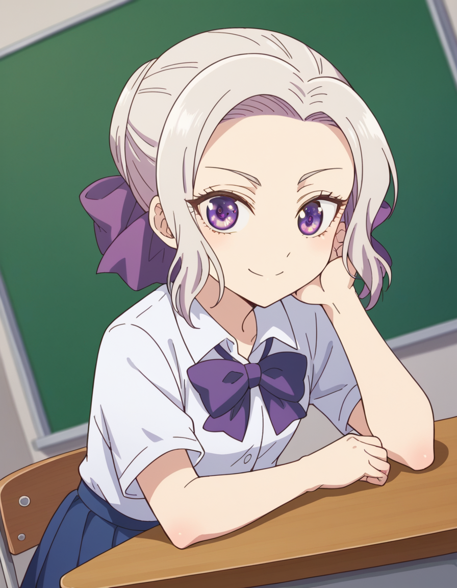 score_9, score_8_up, score_7_up, source_anime, <lora:shino-kiryuu-s2-ponyxl-lora-nochekaiser:1>, shino kiryuu, purple eyes, white hair, hair bow, purple ribbon,, skirt, shirt, bow, school uniform, white shirt, short sleeves, pleated skirt, bowtie, blue skirt,, indoors, smile, looking at viewer, solo, sitting, head rest, table,, cowboy shot, dutch angle
