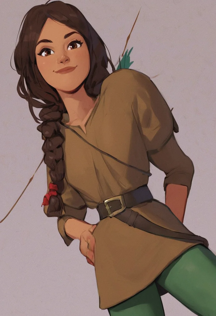 score_9, score_8_up, score_7_up, 1girl, solo,  carol_of_the_arrow, brown hair, brown eyes, dark skin, braid, long hair, belt, brown tunic, dark green tights, dynamic posing, dynamic angle, looking at viewer, light smile, simple background