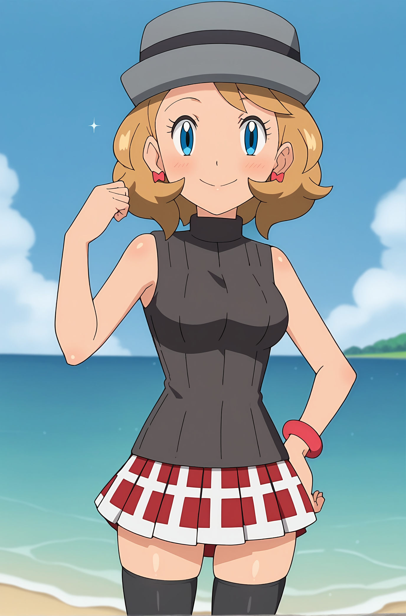 score_9, score_8_up, score_7_up, source anime, anime, animification, anime screencap, anime coloring, vivid colors, shiny skin, skindentation, deep skin, depth of field, high quality, highres, (dynamic angle,dynamic pose),
serenaj, 1girl, solo, looking at viewer, blush, smile, blue eyes, skirt, blonde hair, thighhighs, hat, jewelry, closed mouth, cowboy shot, pleated skirt, earrings, outdoors, sky, sleeveless, day, shiny, black thighhighs, cloud, hand up, medium hair, water, bracelet, sweater, hand on hip, eyelashes, sparkle, red skirt, turtleneck, sweater vest, turtleneck sweater, sleeveless turtleneck, grey headwear, serena \(pokemon\)
BREAK
masterpiece, high quality
<lora:Serena_Journeys:0.9>
