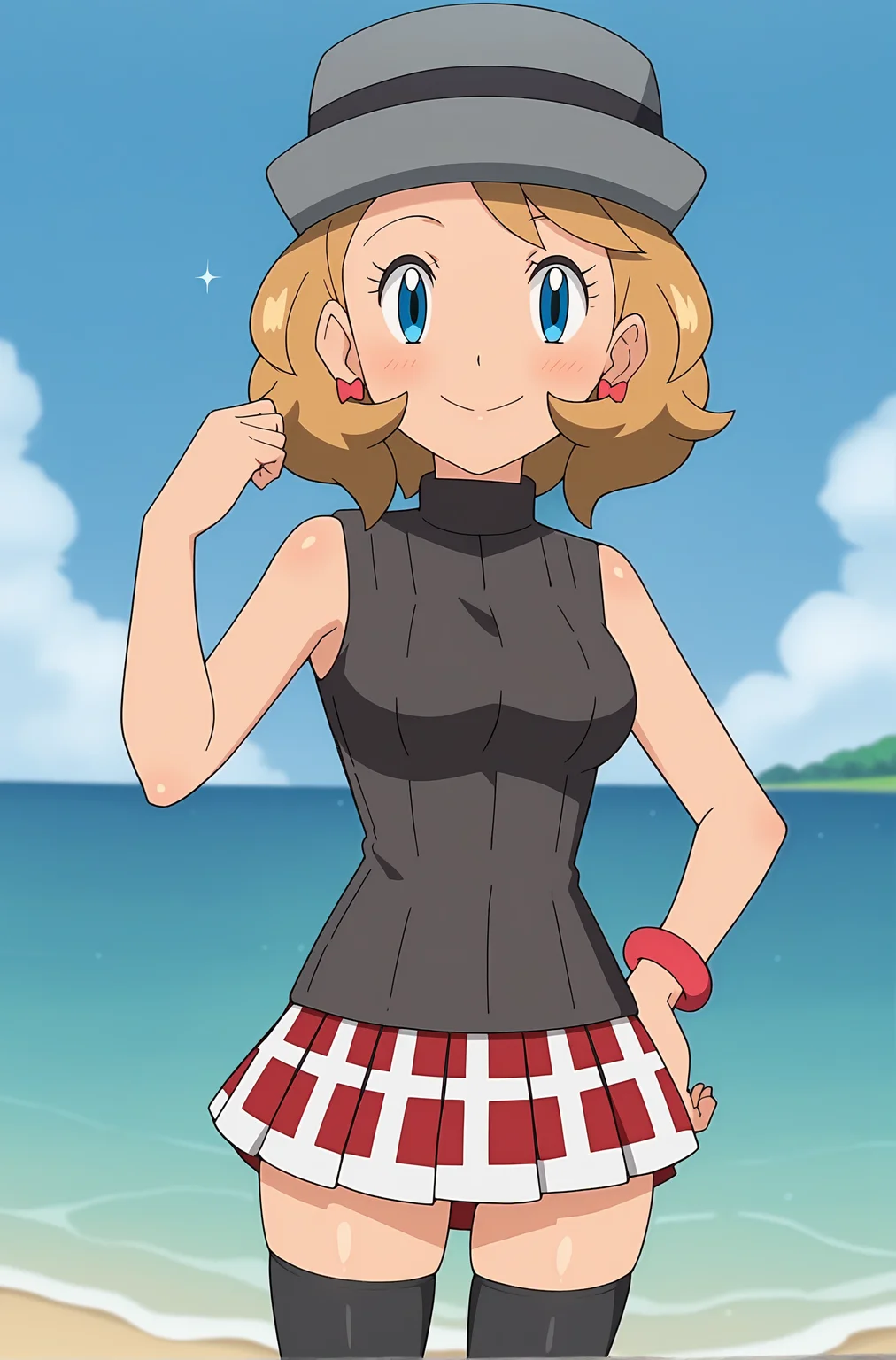 score_9, score_8_up, score_7_up, source anime, anime, animification, anime screencap, anime coloring, vivid colors, shiny skin, skindentation, deep skin, depth of field, high quality, highres, (dynamic angle,dynamic pose),
serenaj, 1girl, solo, looking at viewer, blush, smile, blue eyes, skirt, blonde hair, thighhighs, hat, jewelry, closed mouth, cowboy shot, pleated skirt, earrings, outdoors, sky, sleeveless, day, shiny, black thighhighs, cloud, hand up, medium hair, water, bracelet, sweater, hand on hip, eyelashes, sparkle, red skirt, turtleneck, sweater vest, turtleneck sweater, sleeveless turtleneck, grey headwear, serena \(pokemon\)
BREAK
masterpiece, high quality
<lora:Serena_Journeys:0.9>
