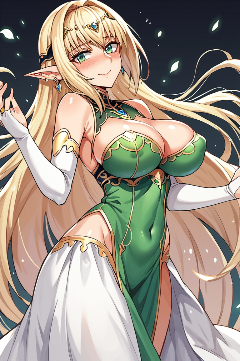 score_9, score_8_up, score_7_up, score_6_up, score_5_up, score_4_up, masterpiece, best quality, BREAK, blonde hair, princess_alfilia,  
, , breasts, pointy ears, long hair,, elf, earrings, 1girl, green eyes, large breasts, blue dress, , bridal gauntlets, covered nipples, navel, earrings, bridal gauntlets, smile, blush, very long hair, cleavage, dress, looking at viewer