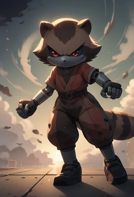 score_9, score_8_up, score_7_up, (best quality:1.1), ultra-detailed, high resolution, 8K, ((tall, 6ft tall, no mouth)), Metal Raccoon, robot, brown beige metal skin, black sclera, red pupils, pointy metal nose, gray claws, green core, black shoes, fist, battle stance, arms at sides, floating, factory, fluffy raccoon tail, BREAK outside, Rich, Detailed background, ambient light