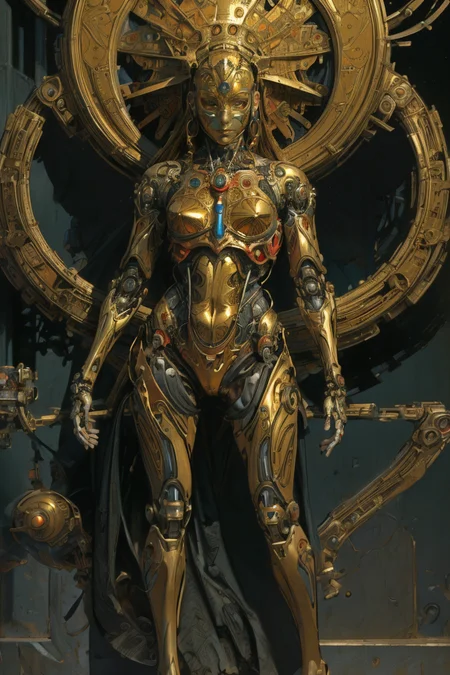 (masterpiece, 4k ,ultra detailed,raw photo:1.2),illustration, simple style, 1girl, cyborg,faceless robot, full body, Golden Yellow theme   <lora:01-papyloop-venetian-masks36:0.5> venetian mask  <lora:MECH-reelmech1v2:0.5> reelmech <lora:MECH-Arcana_SD15:0.15> arcana <lora:ST-Alphonse Mucha:0.15> alphonse mucha <lora:Cpunk:0.5> artwork <lora:Moebius:0.8> <lora:0238 humanoid robot_v1:0.5> ruanyi0238 <lora:venus body2:0.5> venusbody<lora:EF-GoodHands-beta2:0.5><lora:EF-GoodHands-beta2:0.5><lora:EF-GoodHands-beta2:0.5>