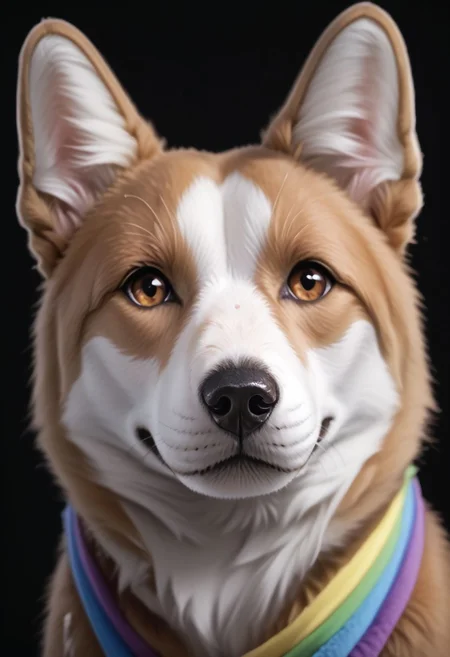 prideb4fall, no humans, simple background, animal focus, realistic, black background, solo, animal, looking at viewer, dog, portrait, brown eyes, made of rainbows, rainbow overlay, pride month, rainbows
zPDXL2