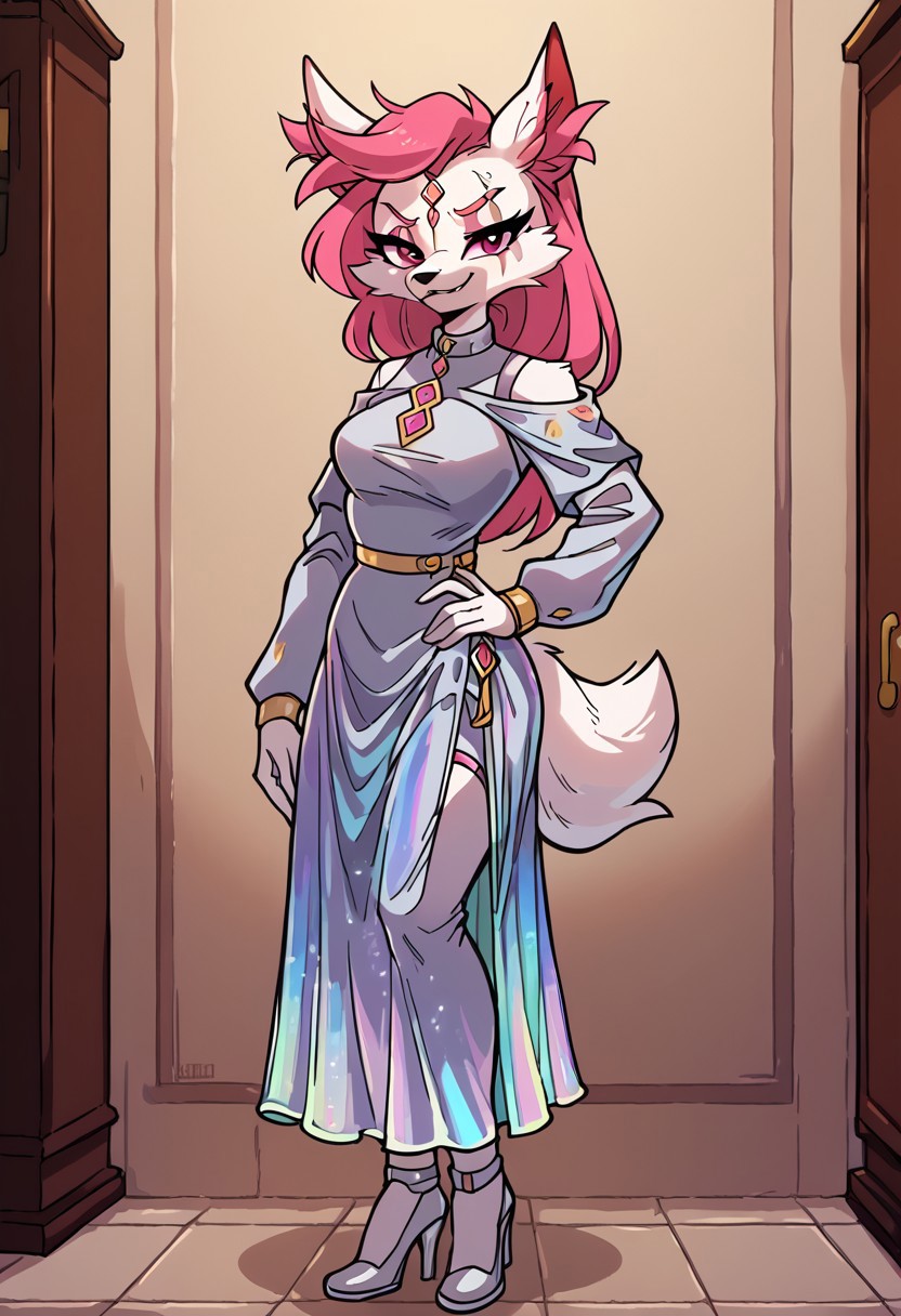 score_9, score_8_up, score_7_up, masterpiece, detailed, digital art, D1girl, Kimikoxl, anthro, fox girl, white fur, pink hair, animal ears, animal nose, pink eyes, face markings, eye scar, smirk, holographic dress, cut dress, full body, xingyun, binggan
