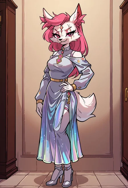 score_9, score_8_up, score_7_up, masterpiece, detailed, digital art, D1girl, Kimikoxl, anthro, fox girl, white fur, pink hair, animal ears, animal nose, pink eyes, face markings, eye scar, smirk, holographic dress, cut dress, full body, xingyun, binggan