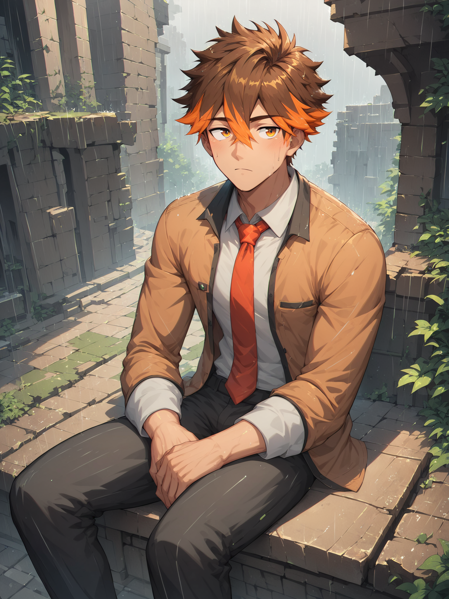 score_9,score_8_up, ad-caio,brown hair,orange eyes, orange hair, two-tone hair,hair between eyes,male focus,<lora:AIDudes-CaioMerge5:0.8>,<lora:xl_more_art-full_v1:0.5>,<lora:add-detail-xl:1>, serious, outdoors,ruins, sitting, red necktie,rain,âââ