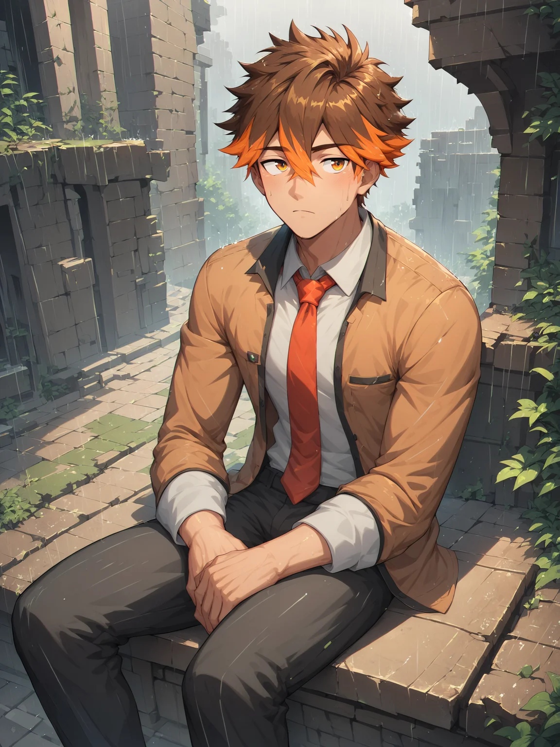 score_9,score_8_up, ad-caio,brown hair,orange eyes, orange hair, two-tone hair,hair between eyes,male focus,<lora:AIDudes-CaioMerge5:0.8>,<lora:xl_more_art-full_v1:0.5>,<lora:add-detail-xl:1>, serious, outdoors,ruins, sitting, red necktie,rain,âââ