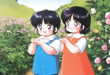 lazympos, very awa, general,highres, ultra-detailed,very aesthetic,best quality ,best hands, BREAK retro_artstyle, retro, retro anime artwork, 1980 \(style\), vibrant colors, sfw, Konohara_Konomi, 1girl, short hair, black hair, purple eyes, [Corio, 1boy, short hair, blue eyes, bangs, black hair], smiling, happy, kawai, playing, in the garden, flowers, happy, summer time, cowboy shot,