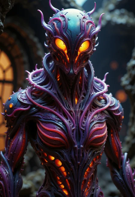in the style of ckfa, faceless android covered in alienplants armor, glowing