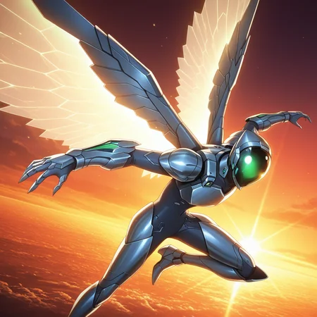 (deep contrast, luminous lighting, cinematic ambiance, best quality, colorful, masterpiece, detailed_background), BREAK <lora:haruhi-v2:1> awsilvercrow, humanoid robot, 1boy, male focus, solo, (mechanical wings, wings), dynamic pose, dynamic angle, incoming attack,