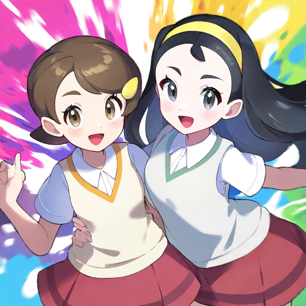 2d, masterpiece, best quality, amazing quality, highres, absurdres, newest, 2girls, standing, smile, open mouth, cowboy shot, upper body, colorful background, multicolored background, color splashes, teammates \(pokemon\), senpai, long hair, black hair, black eyes, yellow hairband, kohai, short hair, brown hair, brown eyes, hairclip, collared shirt, short sleeves, beige sweater vest, red skirt, miniskirt,,masterpiece,best quality,newest,absurdres,highres,very awa