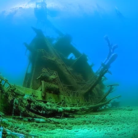 Deep sea, bottom, warship sank and covered with corals