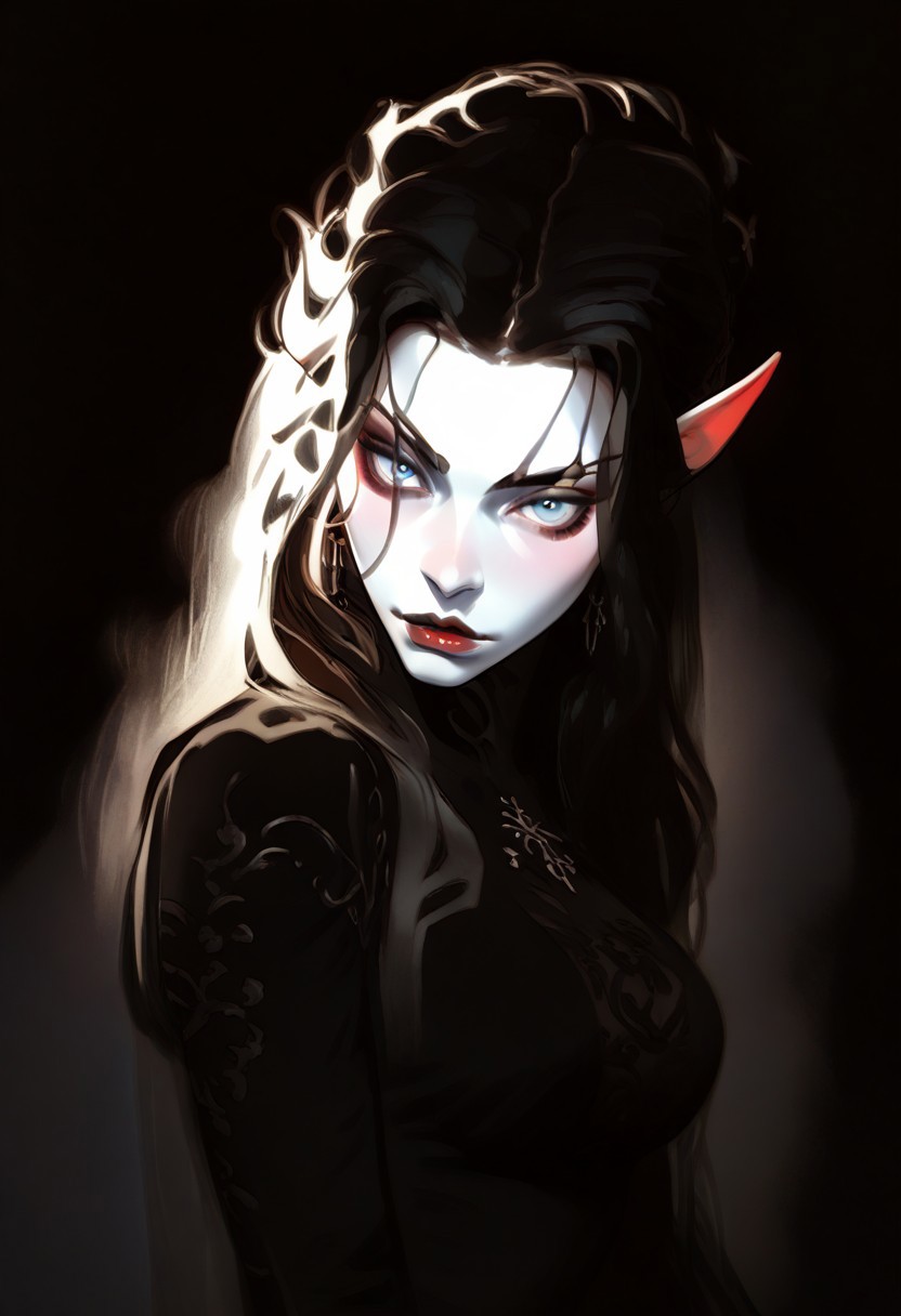 score_9, score_8_up, score_7_up,
1 girl, solo,
elf woman, beautiful, delicate,
black hair, slicked hair, large breasts,
pale skin, milky skin,
light blue eyes, looking at viewer,
petite body, dark elvish make-up,
dark blue intricate dress,
dynamic pose, sexy posing,
fantasy, elvish style,