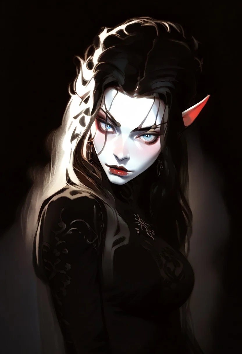 score_9, score_8_up, score_7_up,
1 girl, solo,
elf woman, beautiful, delicate,
black hair, slicked hair, large breasts,
pale skin, milky skin,
light blue eyes, looking at viewer,
petite body, dark elvish make-up,
dark blue intricate dress,
dynamic pose, sexy posing,
fantasy, elvish style,