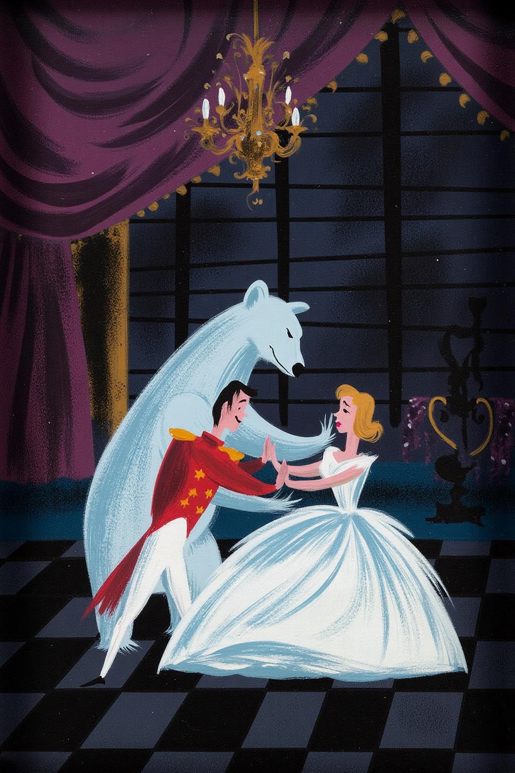 maryblair1 illustration A man and a woman dancing with a polar bear in a grand ball room <lora:maryblair2_cap_d8a4:1.0><lora:846227188886873591:0>
