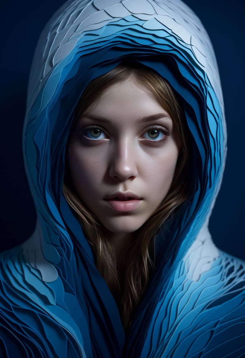 mysterious face, an exotic girl in artsy clothing, fading backlit background, (deep sea fading white to deep blue layered papercut background), alluring goddess, by Minjae Lee, Carne Griffiths, Emily Kell, Steve McCurry, Geoffroy Thoorens, Aaron Horkey, Jordan Grimmer, Greg Rutkowski, amazing depth, double exposure, surreal, geometric patterns, intricately detailed, bokeh,  perfect balanced, deep fine borders, artistic photorealism , smooth,  great masterwork by Suiras  <lora:add-detail-xl:2>  <lora:Double_Exposure:0.5>