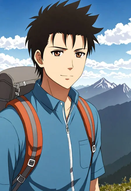 solo, 1boy, detailed_eye_model, easynegative, Soujirou Agata, Brown Eyes, Black Hair, hiking, mountain peak, hiking gear, tired, happy, blue sky