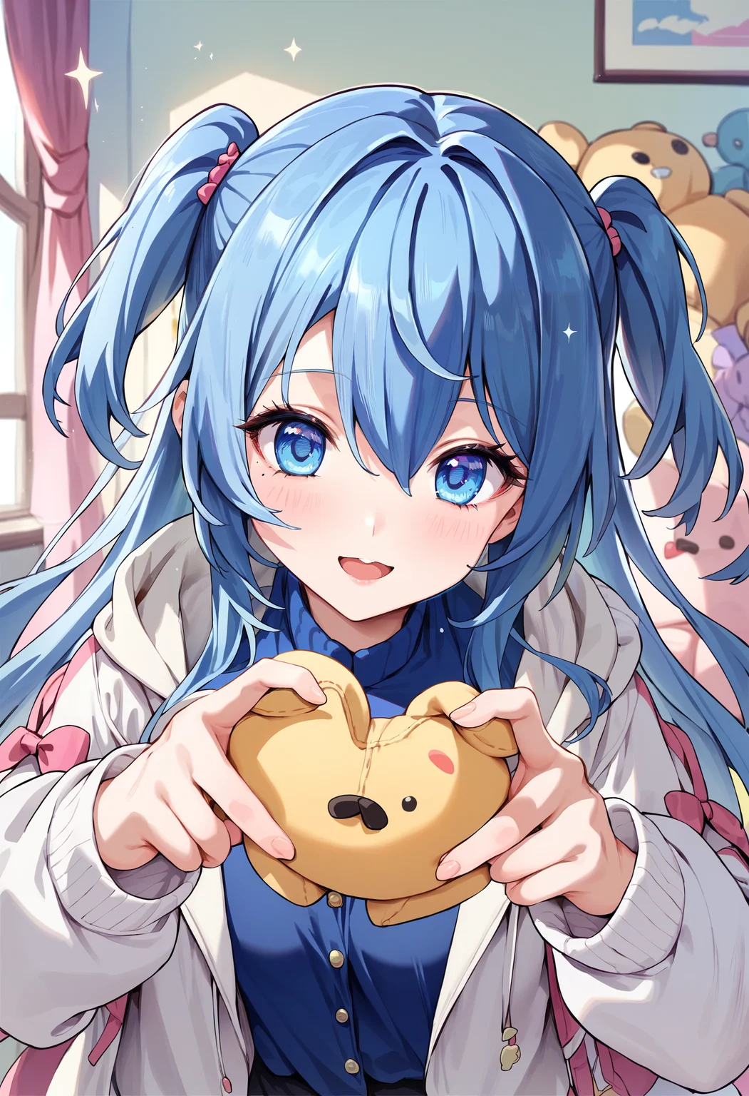 score_9,score_8_up,score_7_up,<lora:PDFA_Style7256193366v4:0.8>,1girl,solo,bangs,blush,smile,looking at viewer,upper body,indoors,:d,blue eyes,blue hair,blue shirt,blurry,blurry foreground,cowboy shot,hair between eyes,heart,heart hands,holding,holding stuffed toy,jacket,long hair,long sleeves,mole,mole under eye,open clothes,open jacket,open mouth,shirt,sleeves past wrists,sparkle,stuffed animal,stuffed toy,two side up,white jacket