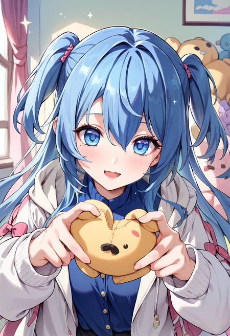 score_9,score_8_up,score_7_up,<lora:PDFA_Style7256193366v4:0.8>,1girl,solo,bangs,blush,smile,looking at viewer,upper body,indoors,:d,blue eyes,blue hair,blue shirt,blurry,blurry foreground,cowboy shot,hair between eyes,heart,heart hands,holding,holding stuffed toy,jacket,long hair,long sleeves,mole,mole under eye,open clothes,open jacket,open mouth,shirt,sleeves past wrists,sparkle,stuffed animal,stuffed toy,two side up,white jacket