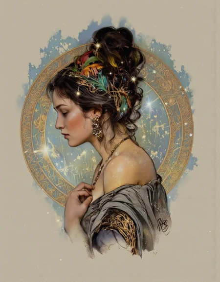 Art by Thomas Haller Buchanan. A digital illustration shoot from a profile camera angle about a portrait of a woman with intricate hair and jewelry, set against a soft, shimmering background with a circular mandala design. the image also shows a dreamy, ethereal atmosphere with sparkling stars. on the middle of the image, a woman appears to be in her early twenties, with long, dark hair styled in a high ponytail and adorned with colorful, feather-like accessories. she is facing away from the viewer, with a serene expression on her face. her body is slim, and she is wearing a gray, off-the-shoulder top with intricate patterns. she has a pair of earrings on her ears and a necklace around her neck. her hair is adorned with feathers, and her eyes are closed, giving her a peaceful and contemplative look. the background features a large, ornate mandala with a light blue and gold color scheme, and the image has a watermark in the bottom right corner.