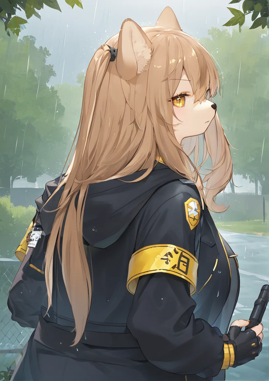 1girl, ump45 (girls' frontline), huge breast, furry, furry female, armband, black gloves, black jacket, character name, closed mouth, fence, fingerless gloves, foliage, gloves, grabbing, hair between eyes, hair ornament, hood, hood down, hooded jacket, iron fence, jacket, leaf, light brown hair, long hair, long sleeves, looking at viewer, looking back, multicolored clothes, multicolored jacket, one side up, outdoors, rain, scar, scar across eye, solo, two-tone jacket, upper body, v-shaped eyebrows, very long hair, yellow armband, yellow eyes, yellow jacket,  <lora:ããã¹kishibe_:1>