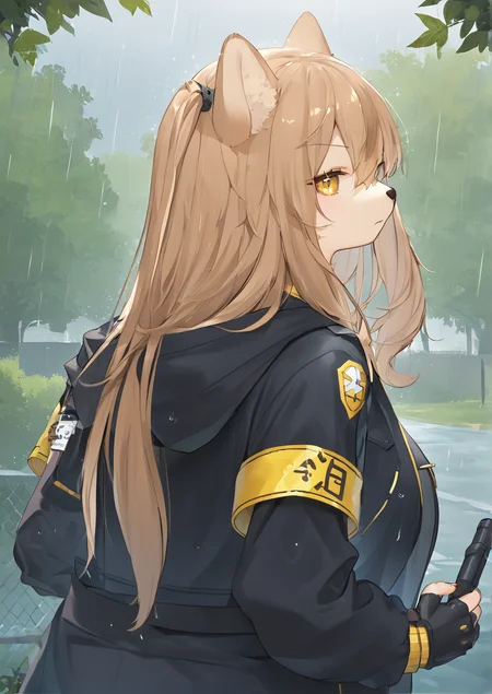 1girl, ump45 (girls' frontline), huge breast, furry, furry female, armband, black gloves, black jacket, character name, closed mouth, fence, fingerless gloves, foliage, gloves, grabbing, hair between eyes, hair ornament, hood, hood down, hooded jacket, iron fence, jacket, leaf, light brown hair, long hair, long sleeves, looking at viewer, looking back, multicolored clothes, multicolored jacket, one side up, outdoors, rain, scar, scar across eye, solo, two-tone jacket, upper body, v-shaped eyebrows, very long hair, yellow armband, yellow eyes, yellow jacket,  <lora:ããã¹kishibe_:1>