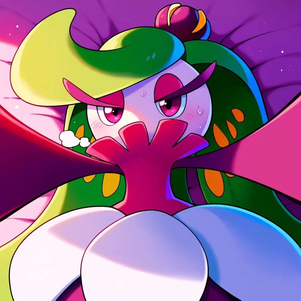 score_9_up, score_8_up, score_7_up, best quality, masterpiece, source_anime, motion lines, soft shading, pink background, bed, bedroom, BREAK 1girl, solo, tsareena, pokemon_(creature), flora fauna, green hair, long hair, white head, eyelashes, pink eyeshadow, purple eyes, narrowed eyes, outstretched arms, eye contact, looking at viewer, breathing, sweat, pov, male pov, close up, portrait, <lora:PDXL_Tsareena_PKMN:0.9>