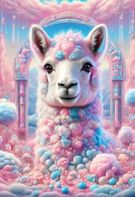 (cute llama made of candy:0.9), cottoncandy, cute, no humans, solo, elaborate, (ultra realistic:1.1), (masterpiece, shiny:1.2), best quality, pastel colors, extremely detailed, intricate, detailed background, safe_pos