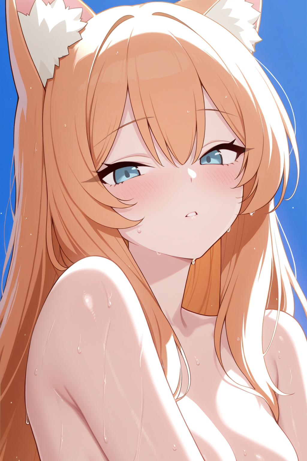 masterpiece, best quality, amazing quality, mari \(blue archive\), 1girl, aged up, animal ear fluff, animal ears, bare shoulders, blue eyes, blush, cat ears, cat girl, completely nude, hair between eyes, long hair, looking at viewer, no bra, nude, orange hair, parted lips, sidelocks, solo, wet