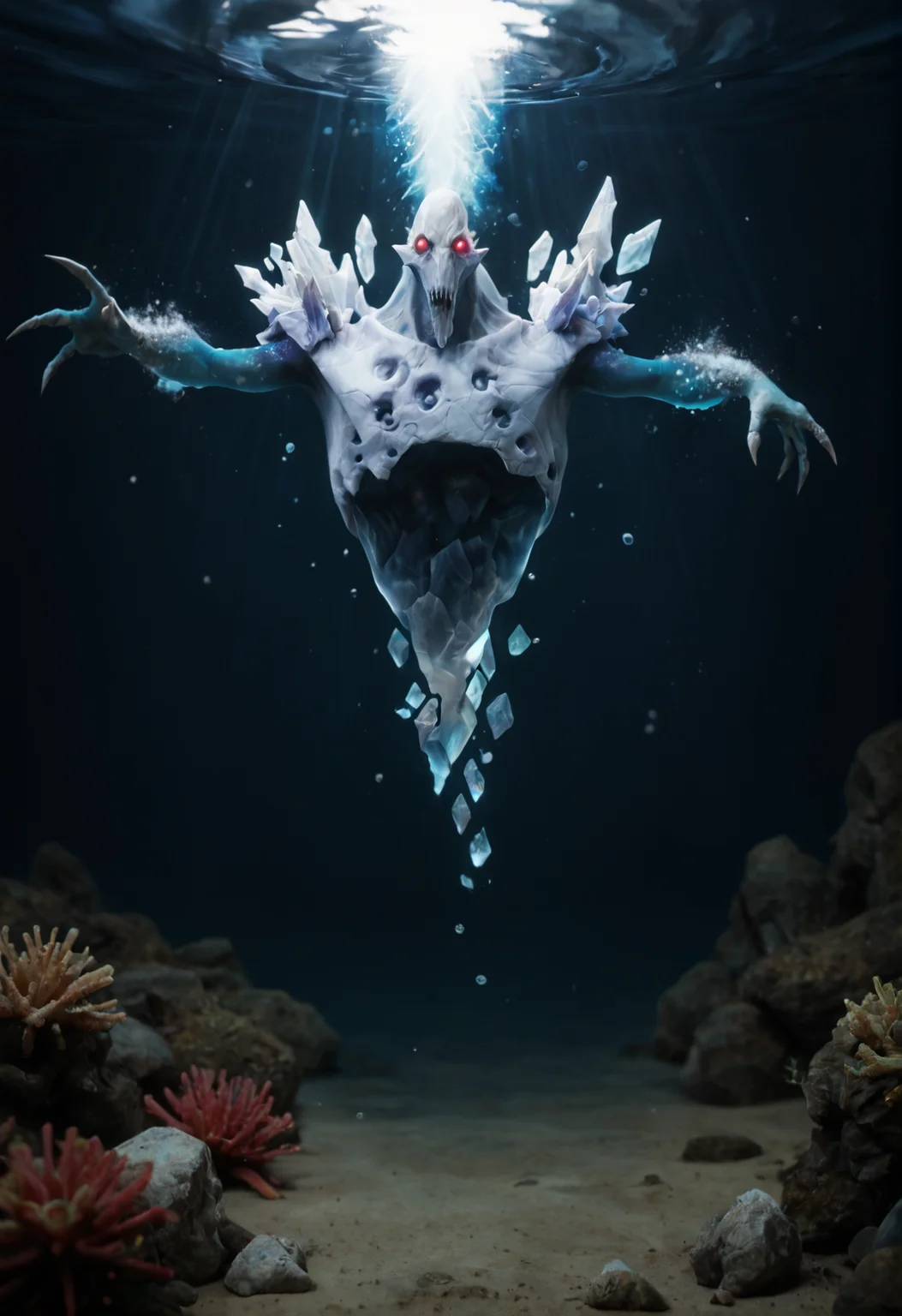 <lora:Ancient_Apparition_V1:1>ancient_apparition_v1, 1boy
no humans, pokemon (creature), monster,
ice, crystal, glowing, floating,
glowing eyes, red eyes, blank eyes, white eyes,
spikes, claws,
colored skin,, score_9, score_8_up, score_7_up, score_6_up, derpibooru_p_95,
detailed eyes, beautiful, detailed background, perfect eyes,
blur censor, blurry, blurry background, blurry foreground, bokeh, motion blur,
chromatic aberration, depth of field, figure, focused, focus
photography, realistic sun light and shadows, photorealism, UHD --ar 9:16 --style raw --stylize 700,
solo,
an underwater city carved out of coral,, open mouth, panicking, (falling:1.3), from the side, sinking, side view,