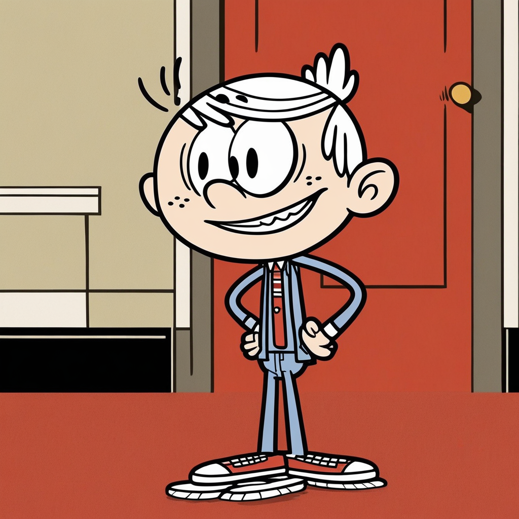 blushing while having an erection under his suit and holding a carrot. in the background a white background, jeans, gray socks with blue and red stripes and white sneakers with red stripes. Lincoln loud standing while smiling. Lincoln is standing at a 3/4 angle. in the background of the hallway of your home, gray socks with blue and red stripes and white sneakers with red stripes. Lincoln Loud is kneeling on the ground wearing sunglasses while smiling. in the background the interior of a restaurant