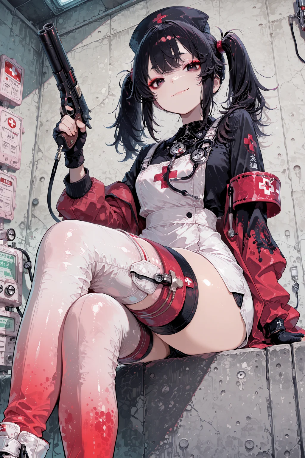 , 1girl, solo, killer nurse, legs crossed, techwear, surreal, composition, simple background, fingerless gloves, looking at viewer, boots, stethoscope, holding a small gun, long sleeves, bags under eyes, short eyebrows, nurse cap, smirk, thigh boots, eyeshadow, gradient legwear, black headwear, shirt, gloves, white footwear, makeup, solo focus, black hair, wall background, sitting, flipped hair, twintails, red eyeshadow, shorts, hat, sidelocks, side shot, from below, the overall style of the illustration is anime-style, lazypos2,, in the style of cksc