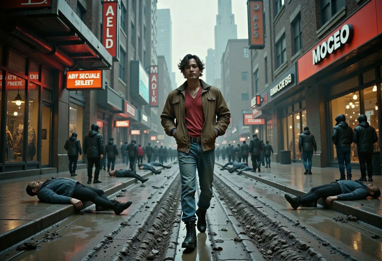 in the style of cksx,
Candid image, photography, natural textures, highly realistic, extremely wide shot of a man in brown bomber jacket, blue jeans, red shirt and black high tops, dirty filthy, brown short wavy hair, tanned skin, walking down dirty cyberpunk alley, both hands in jacket pockets, smoking cigarette, homeless laying on curbs, around fires in garbage cans, crowds on sidewalks, neon signs in windows, stores, skyrises, metropolis cyberpink city, cloudy day, windy,